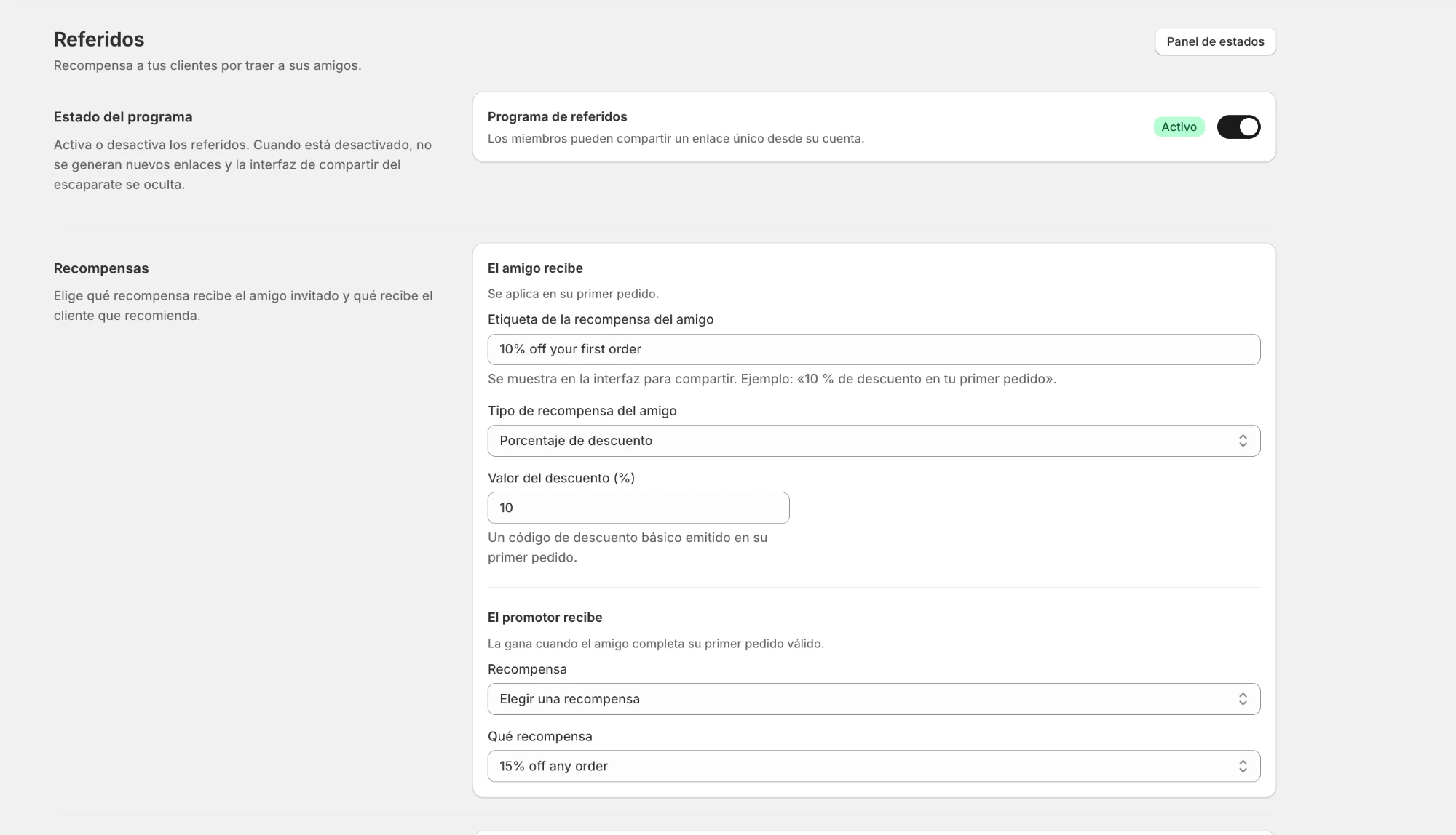 pantalla admin de configuración de referidos