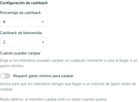 configuración del porcentaje de cashback y del toggle 'Requerir gasto mínimo para canjear'