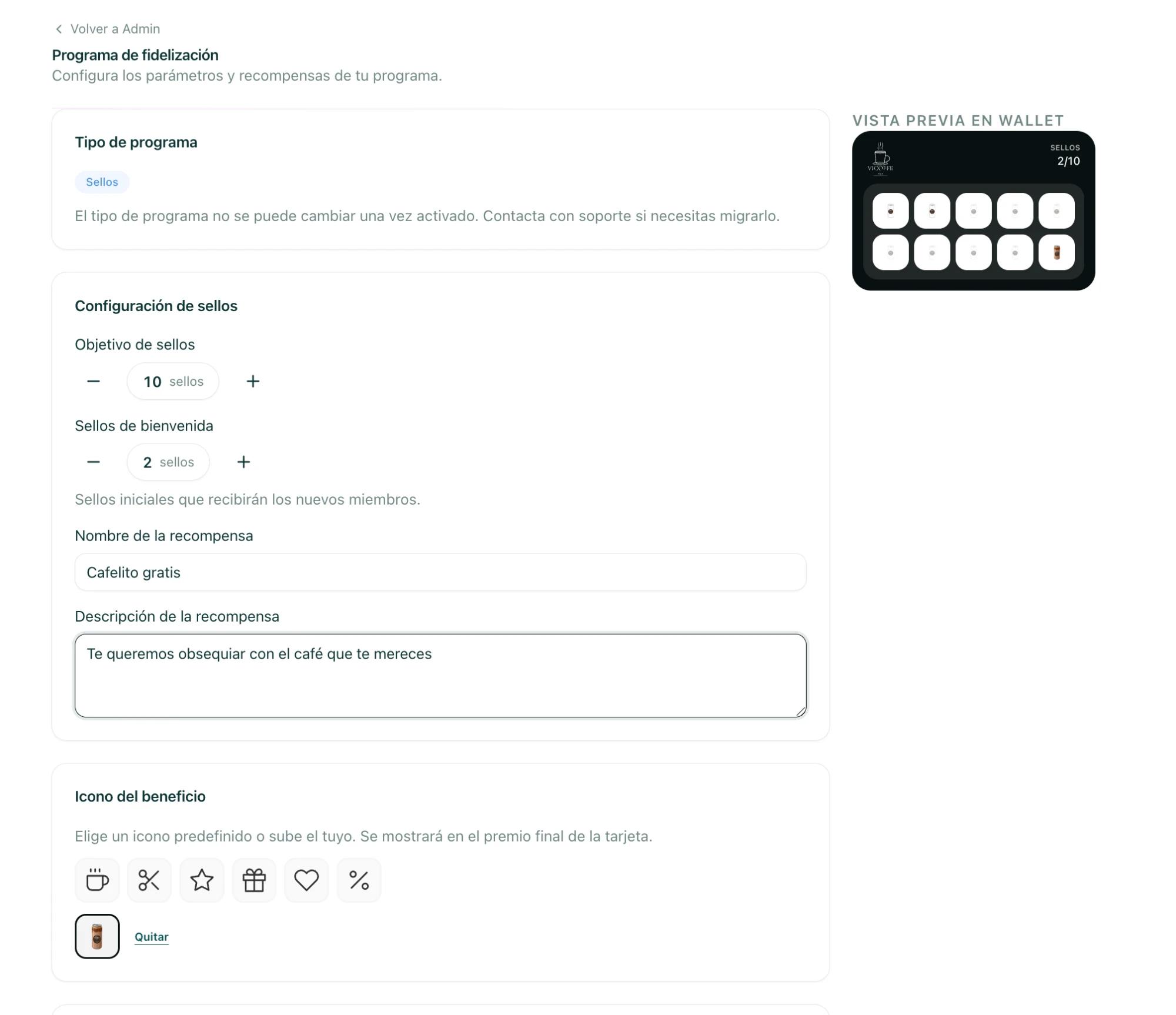 configuración del número de sellos objetivo