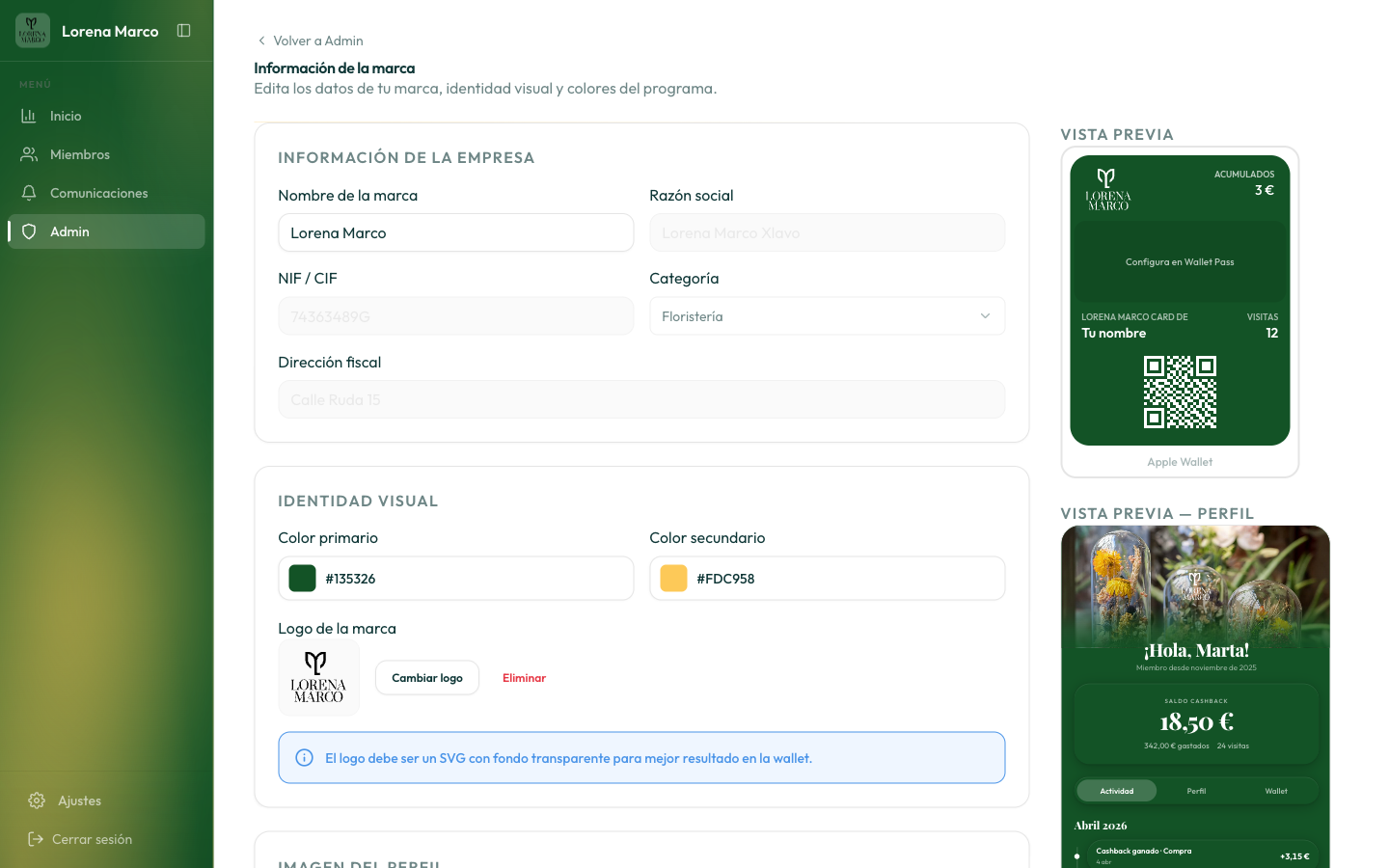 formulario de Admin/Marca con campos de logo, color primario/secundario, tema del perfil y banner
