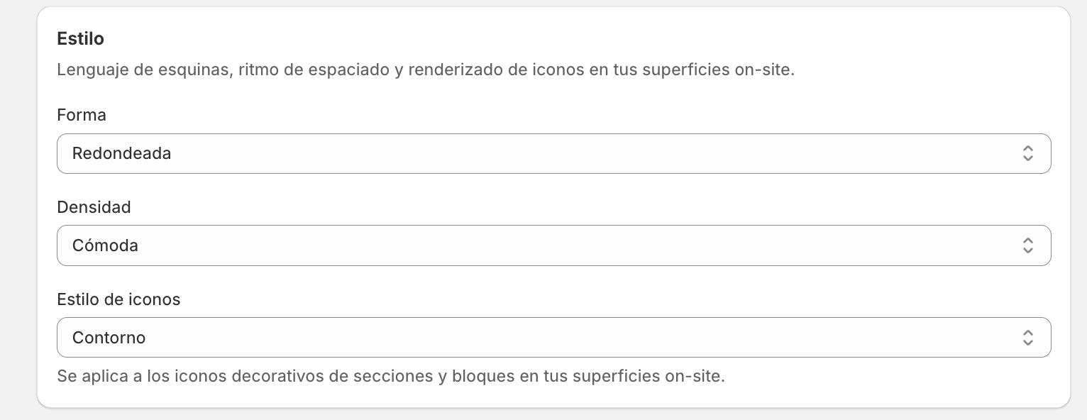 bloque Estilo con los selectores de forma, densidad y estilo de iconos