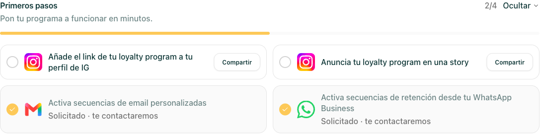 checklist "Primeros pasos" del dashboard con las acciones pendientes
