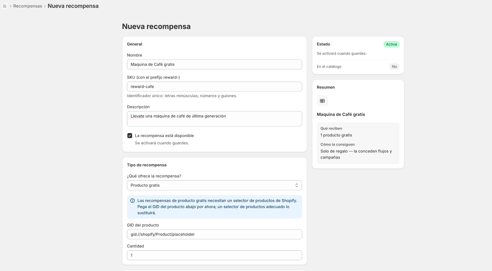 formulario Nueva recompensa con el tipo Producto gratis, el producto vinculado, la cantidad y el resumen de cómo se consigue