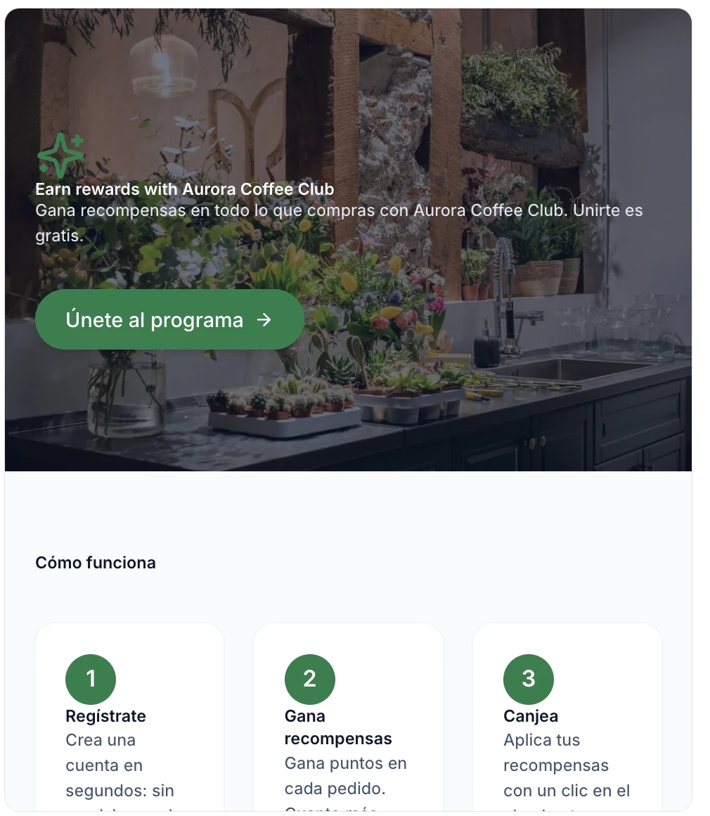 landing pública del programa con el Hero, el botón de unirse al programa y los pasos Regístrate, Gana y Canjea