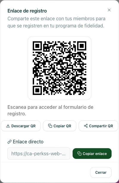 modal 'Compartir' del CMS con el QR de registro para descargar e imprimir