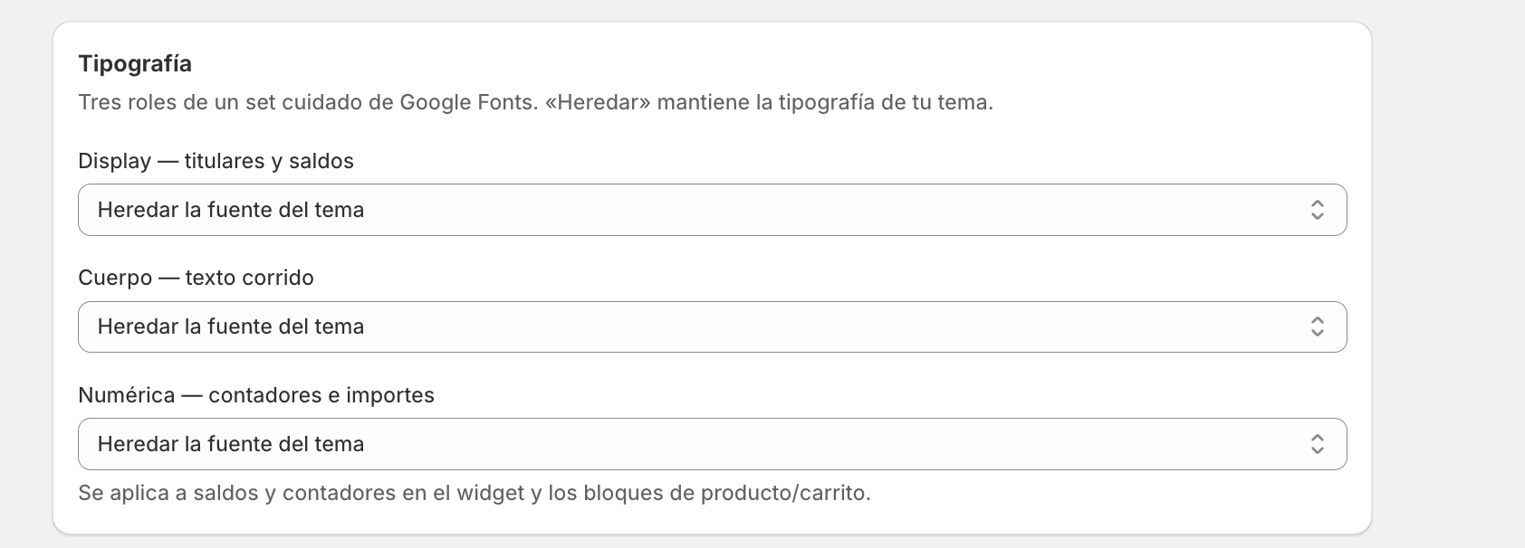 selectores de fuente para los 3 roles: Display (titulares y saldos), Cuerpo (texto corrido) y Numérica (contadores e importes)
