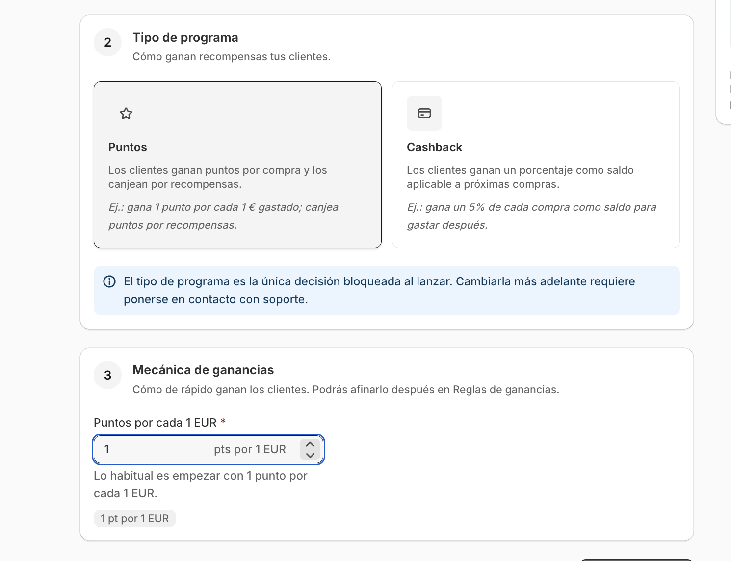 bloque de mecánica de ganancias configurando 1 punto por cada 1 EUR