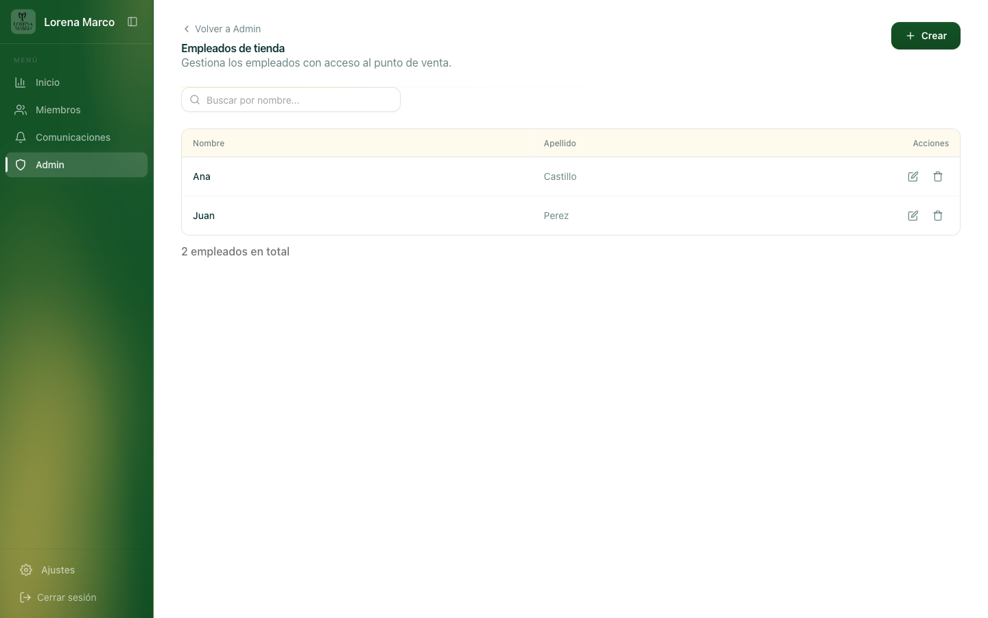 pantalla de Admin con la lista de empleados y el botón para añadir uno nuevo