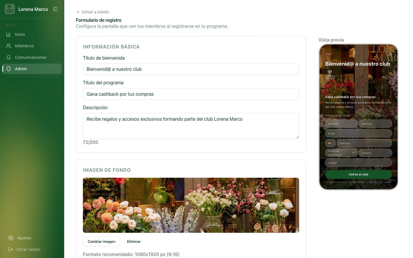 configuración de los campos del formulario de registro