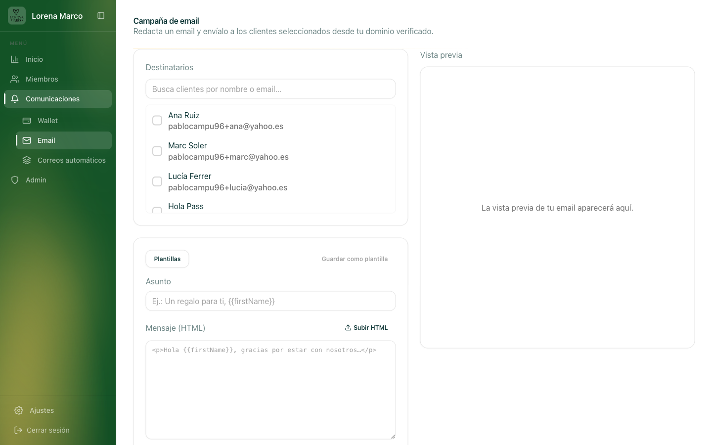 selector de audiencia con opciones "todos" y "cliente único"