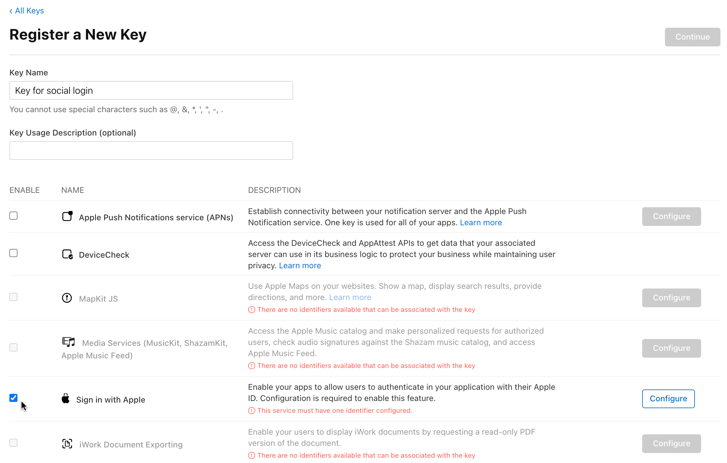 Selecting Sign in with Apple in the Register a New Key view
