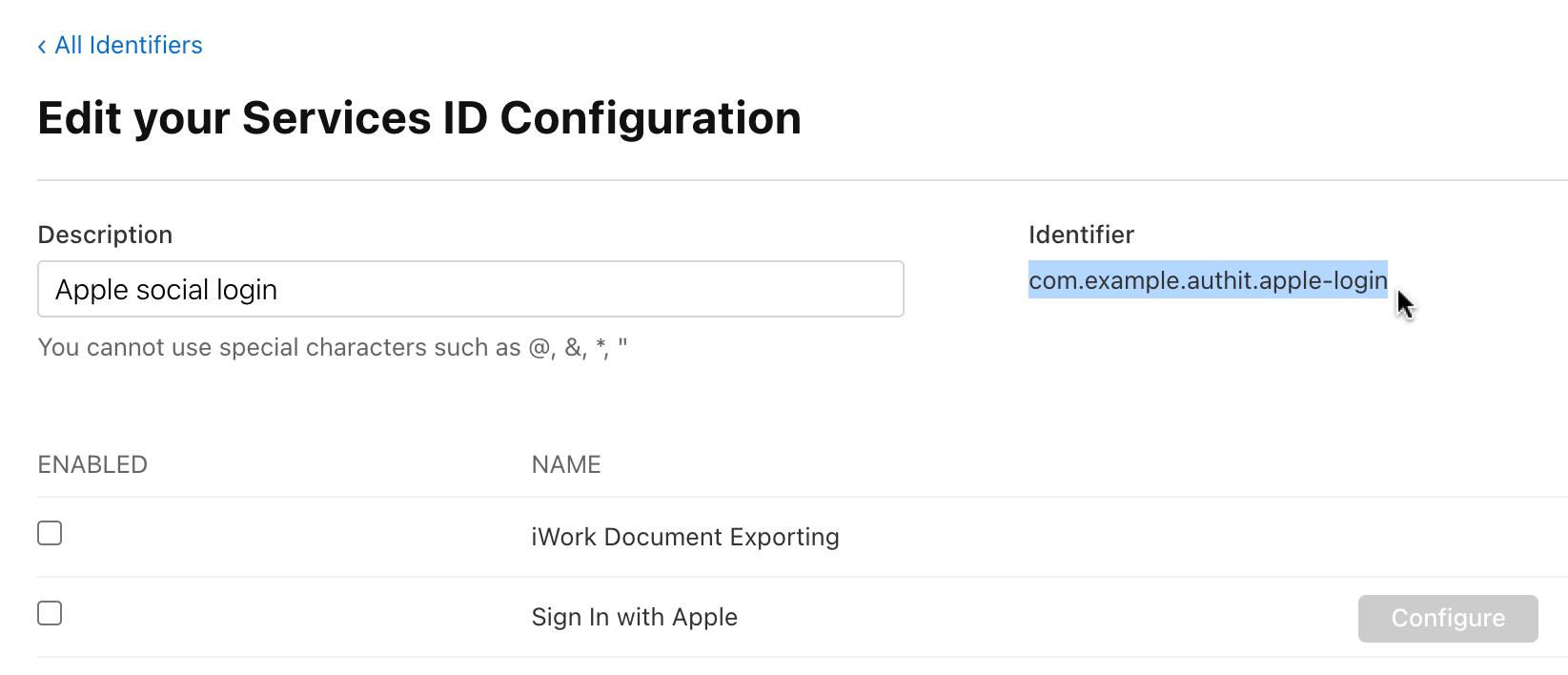 Copying the Apple service ID
