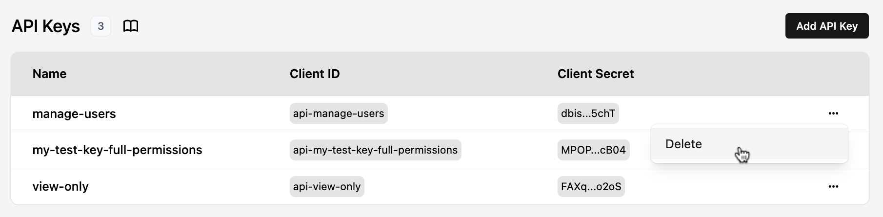 Deleting an API key