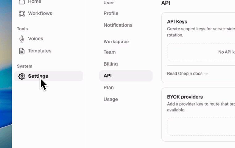 Creating an API key at app.onepin.ai — Settings → API → Create new key