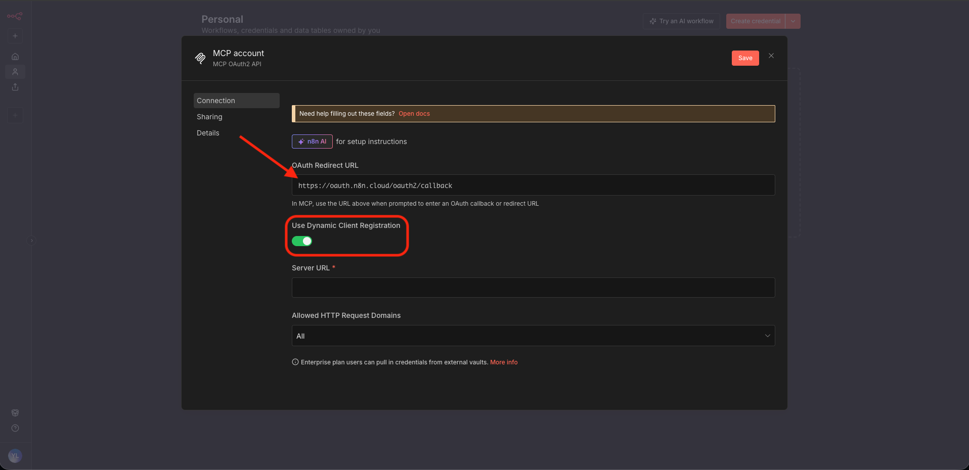 n8n MCP OAuth2 API credential popup with arrows pointing to the callback URL and the Dynamic Client Registration toggle