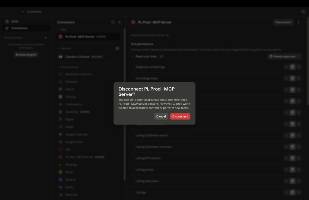 Claude disconnect confirmation dialog for the PriceLabs MCP connector