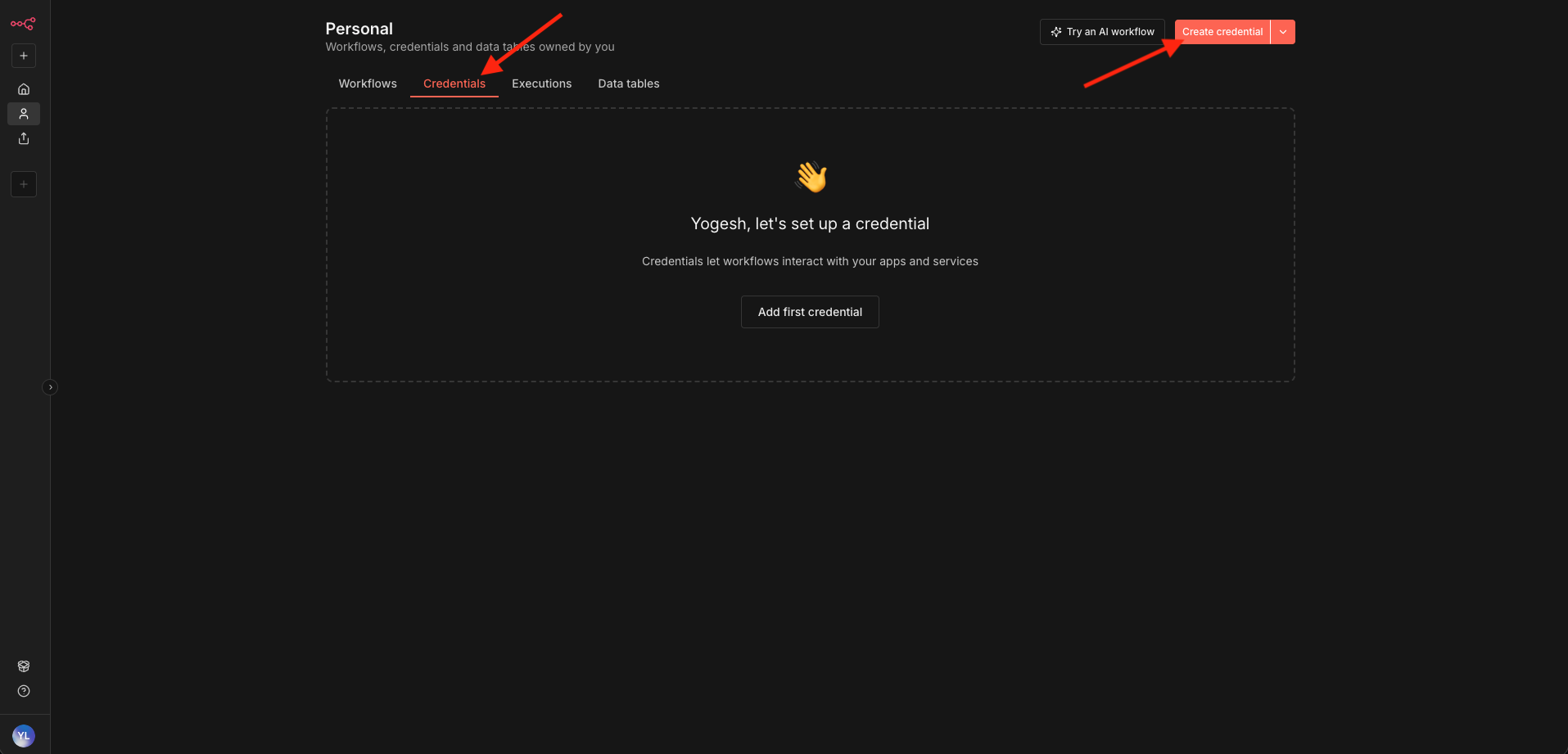 n8n dashboard with arrows pointing to the Credentials tab and the Create New Credential button