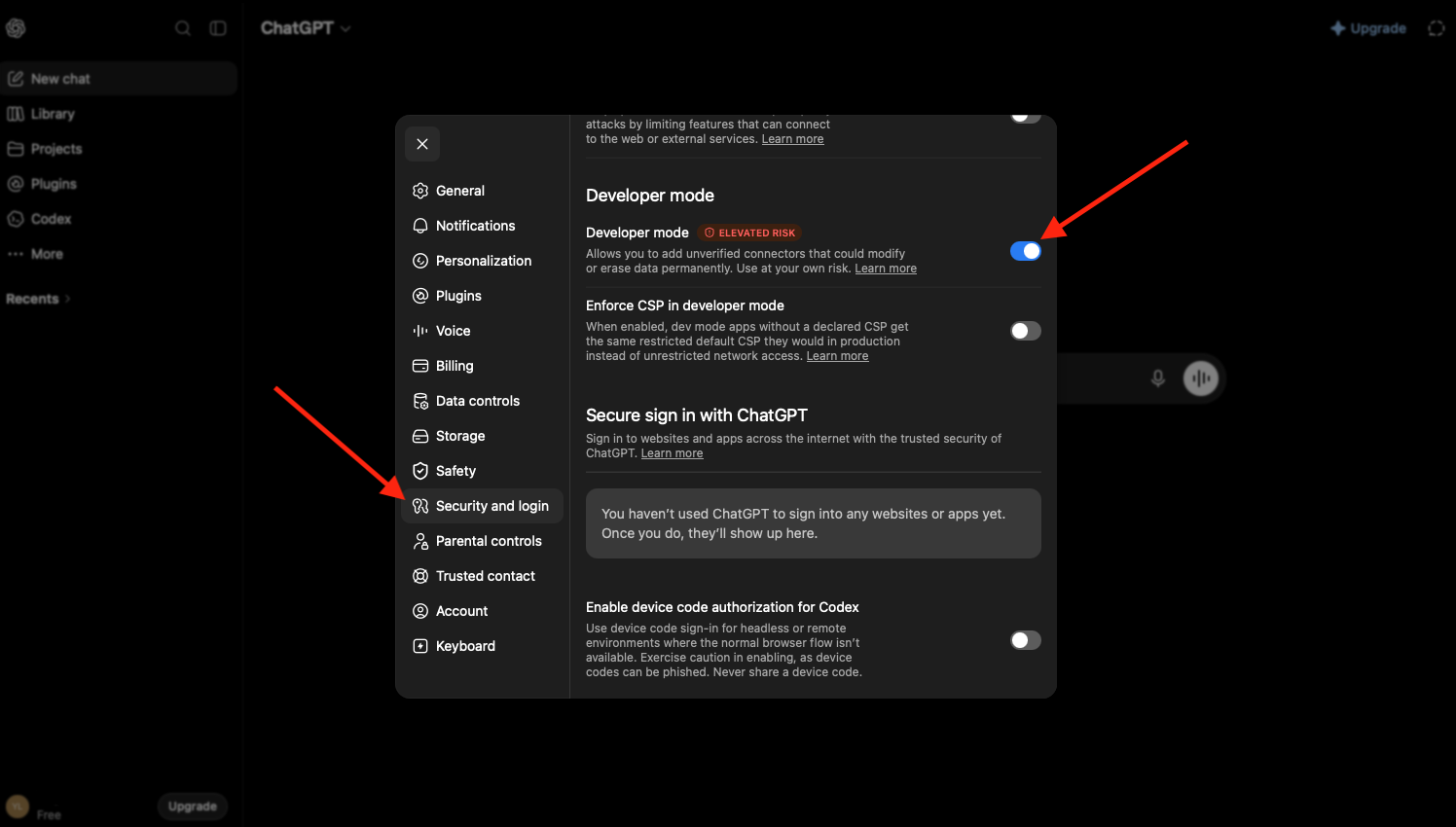 ChatGPT Settings page with arrows pointing to Security & Login and the Developer Mode toggle