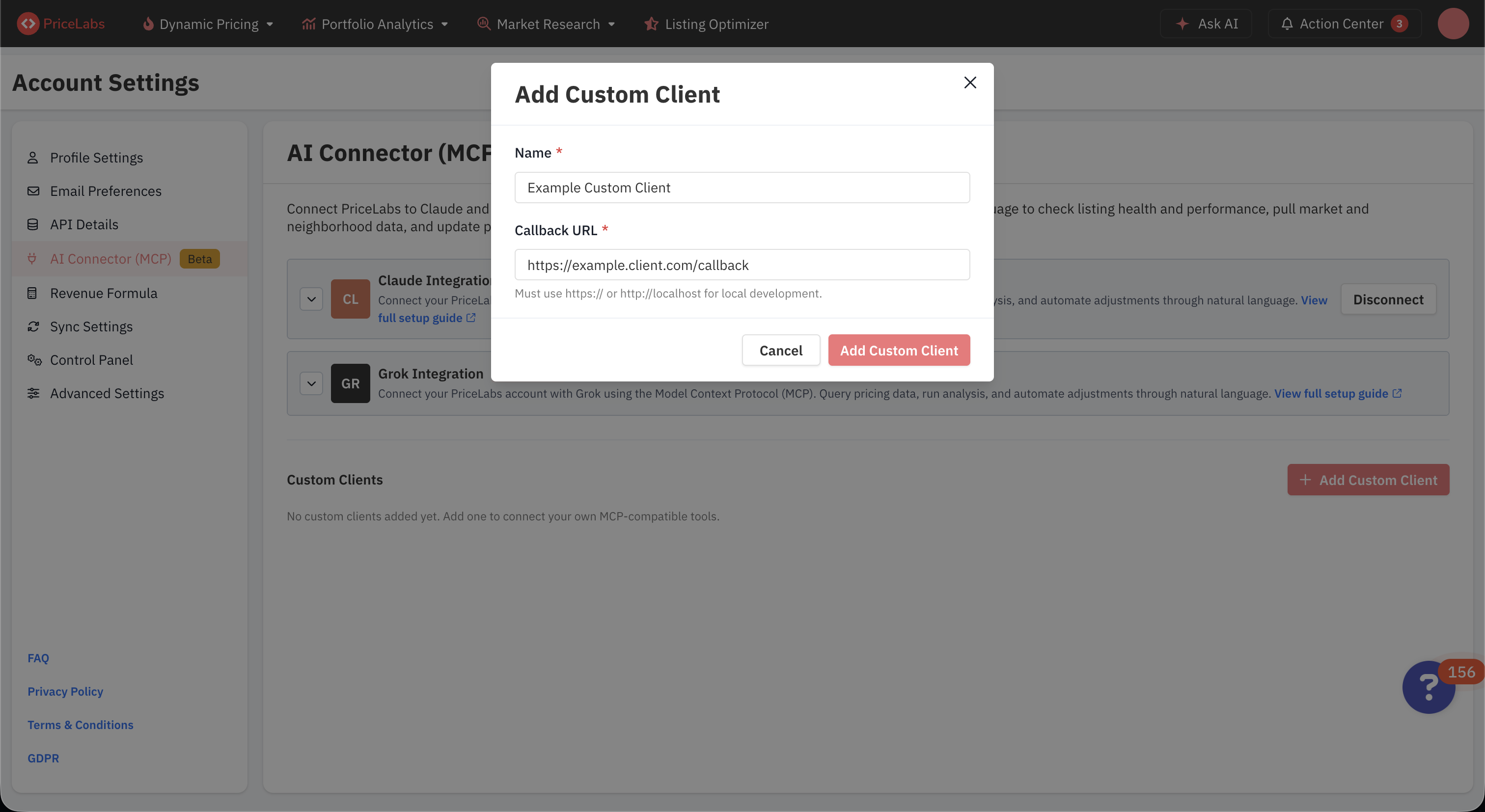 PriceLabs Add Custom Connector modal with Name and Callback URL fields filled in