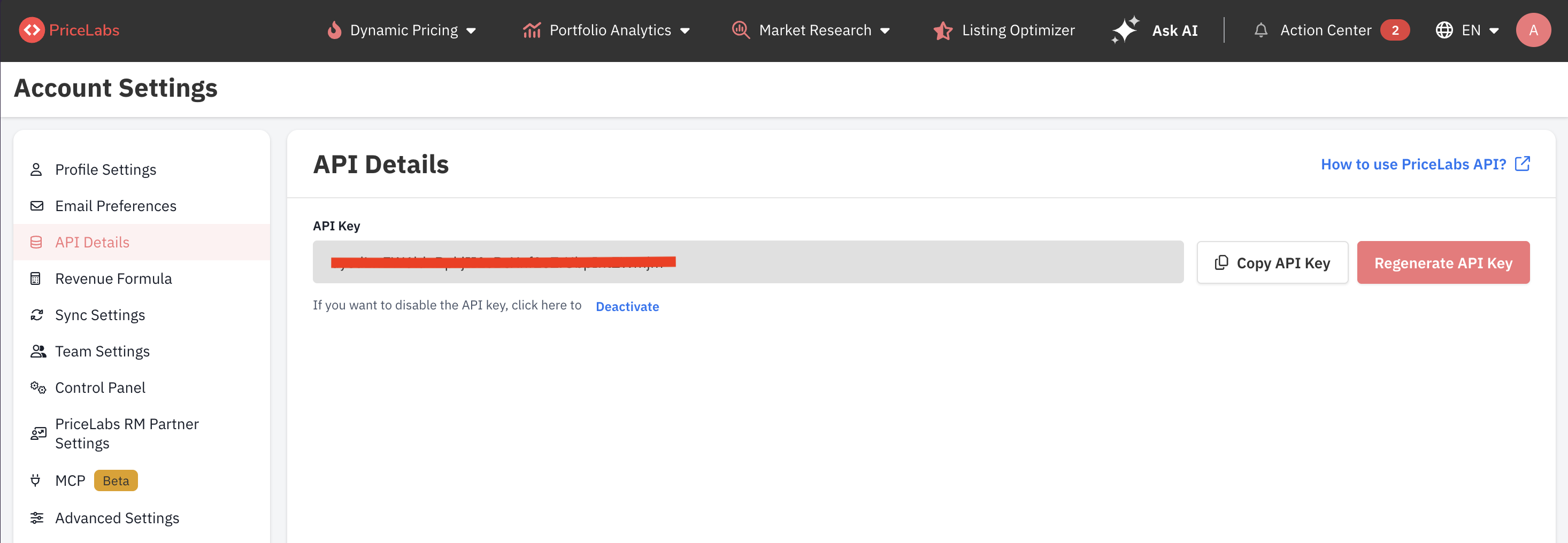 PriceLabs API Details page showing the API key field with Copy and Regenerate buttons