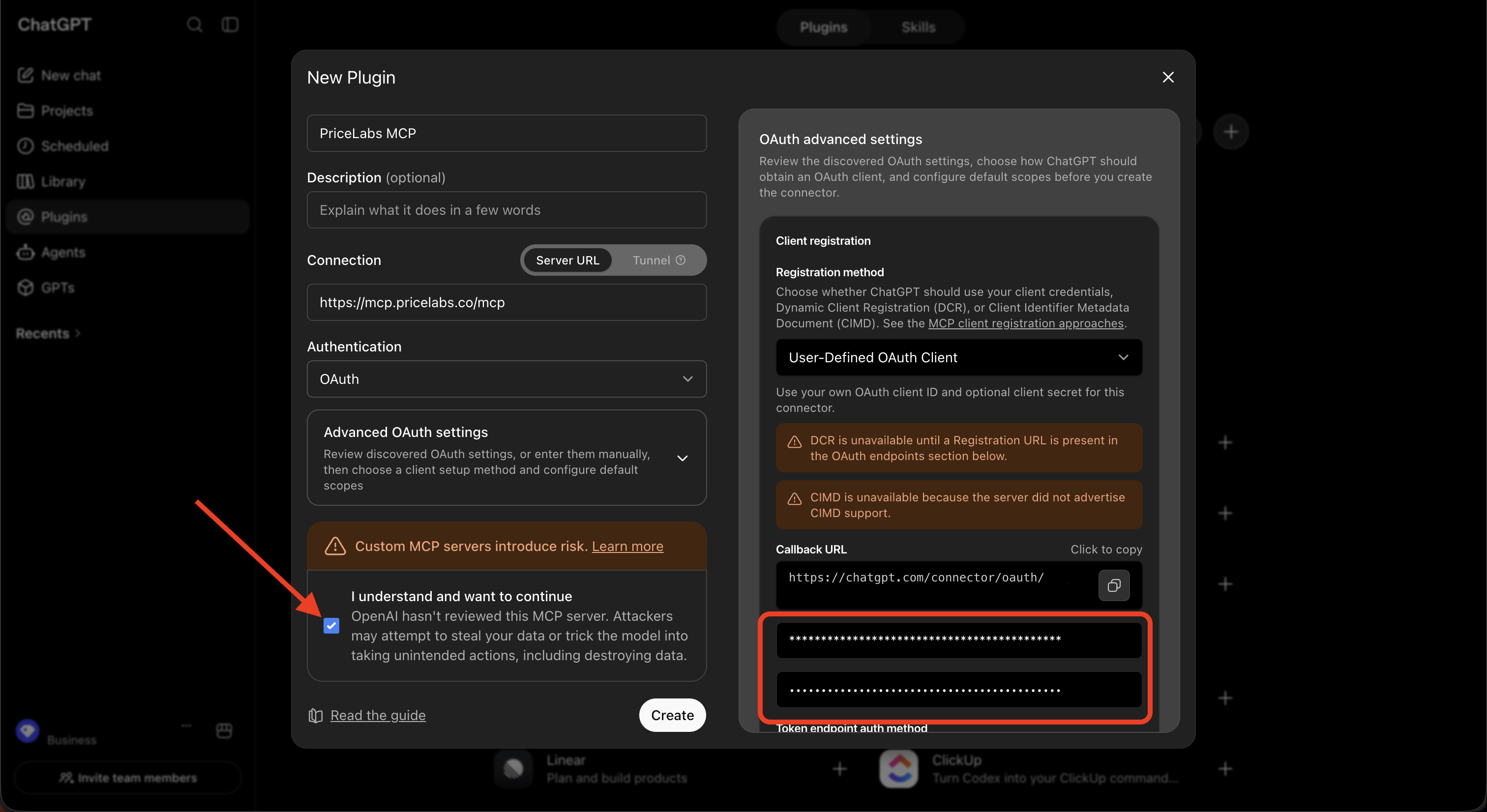 ChatGPT OAuth settings with Client ID and Client Secret entered, arrows pointing to the I understand checkbox and Create button