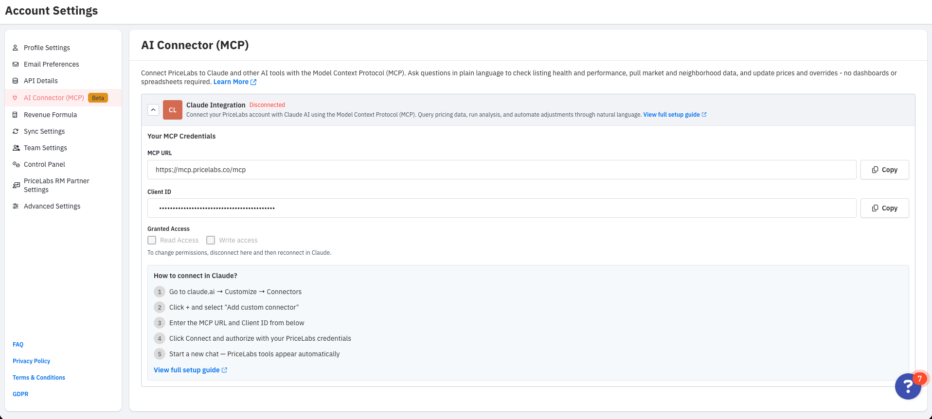 PriceLabs Account Settings MCP Integration page showing MCP URL, Client ID, and Claude integration status