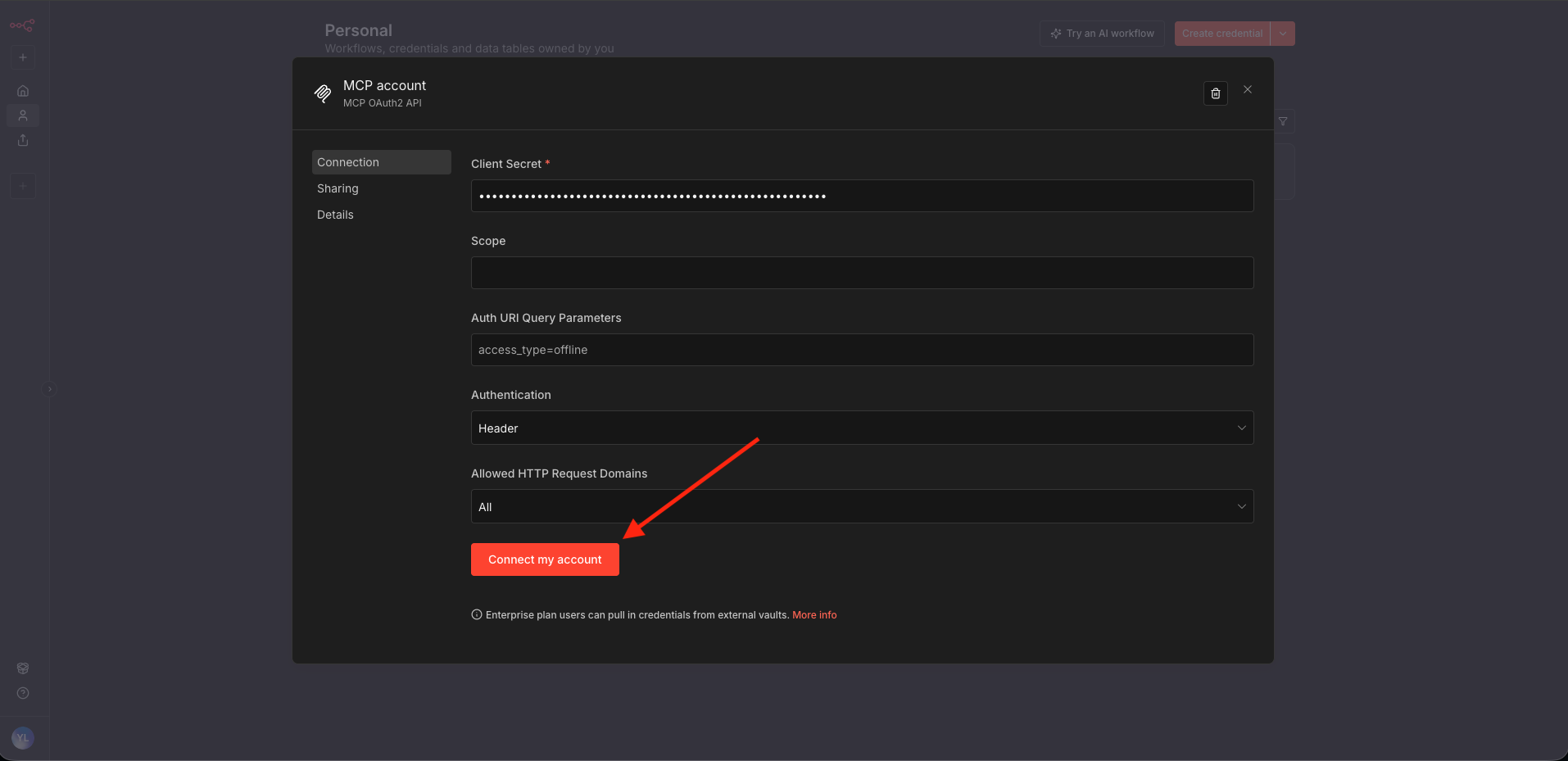 n8n credential saved with the Connect button highlighted