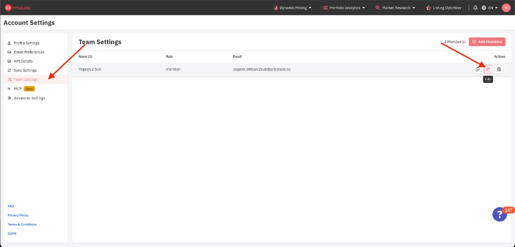 PriceLabs Team Settings page with Team Settings selected and the Edit action highlighted for a team member