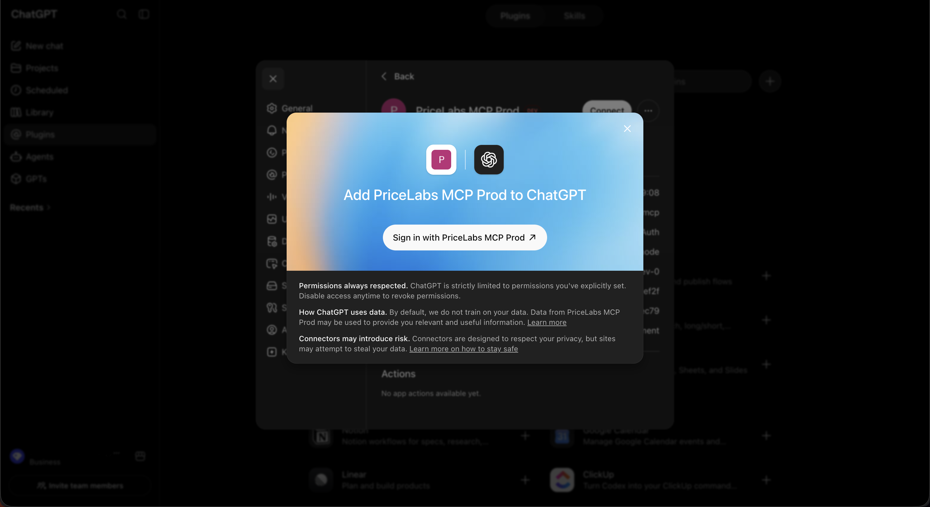 ChatGPT popup prompting connection with an arrow pointing to the Sign in with PriceLabs MCP button