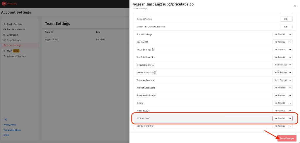 PriceLabs team member edit panel showing MCP Access set to Allow with Save Changes highlighted