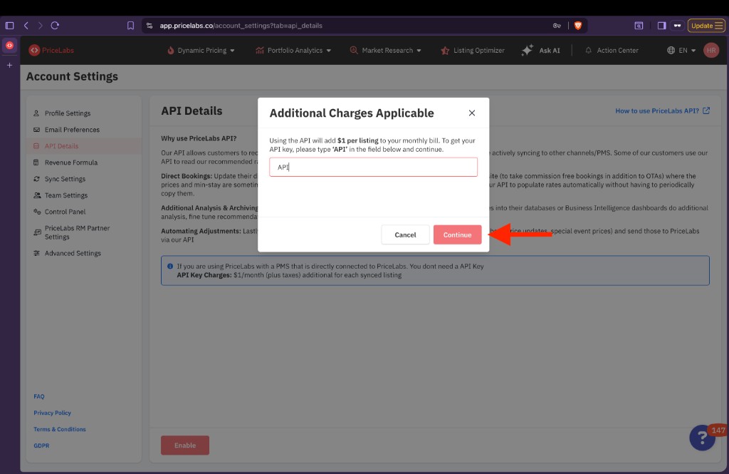 Additional Charges Applicable dialog with API entered in the confirmation field and Continue button highlighted