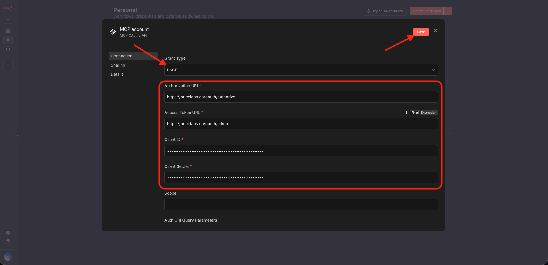 n8n MCP OAuth2 credential form with PKCE selected, OAuth URLs and credentials filled in, and arrows pointing to the PKCE option and Save button