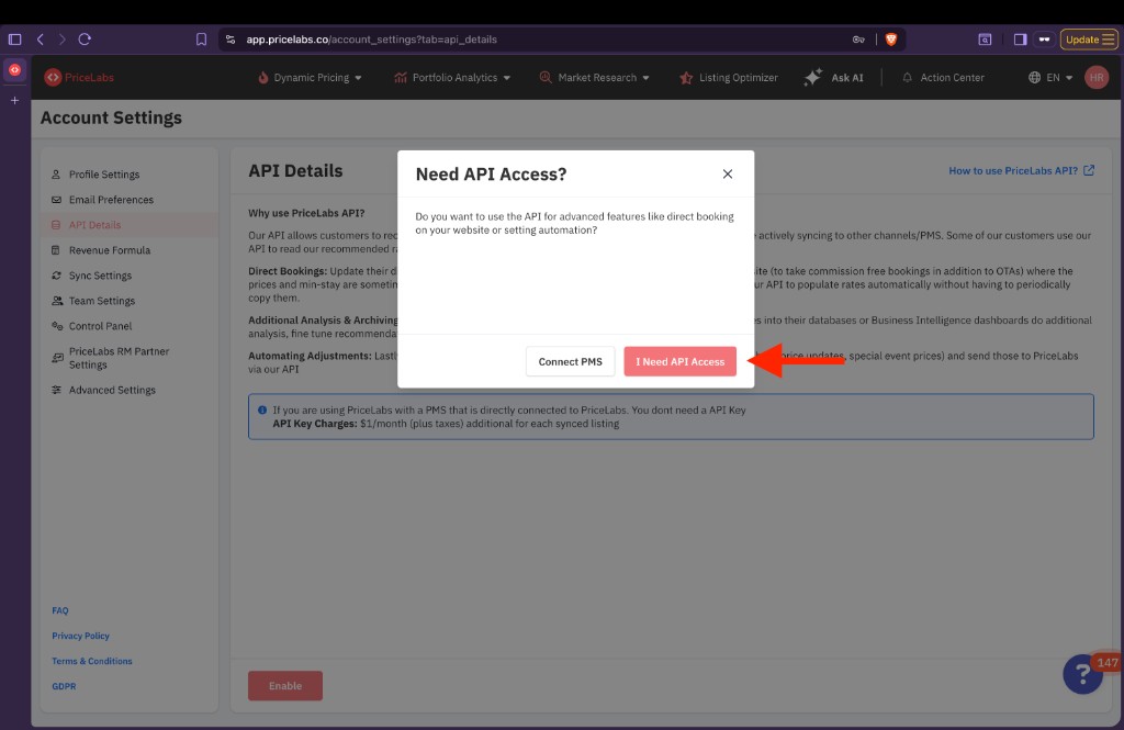 Need API Access dialog with the I Need API Access button highlighted