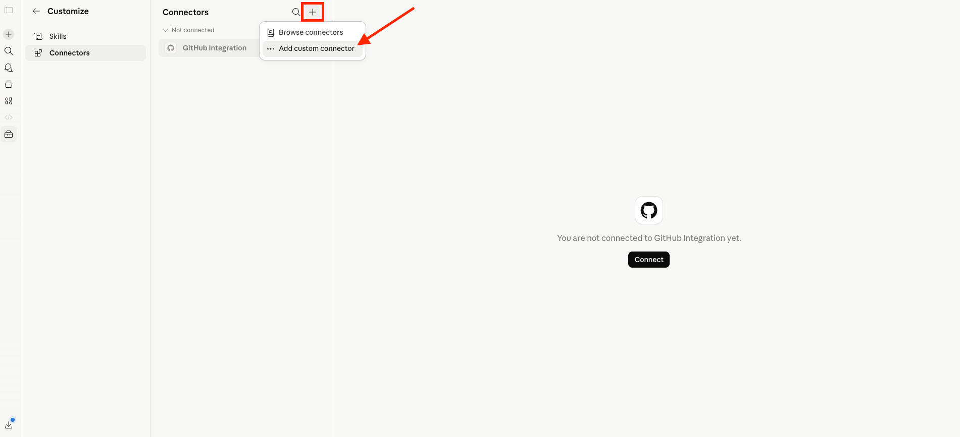 Claude Connectors page showing the Add custom connector option