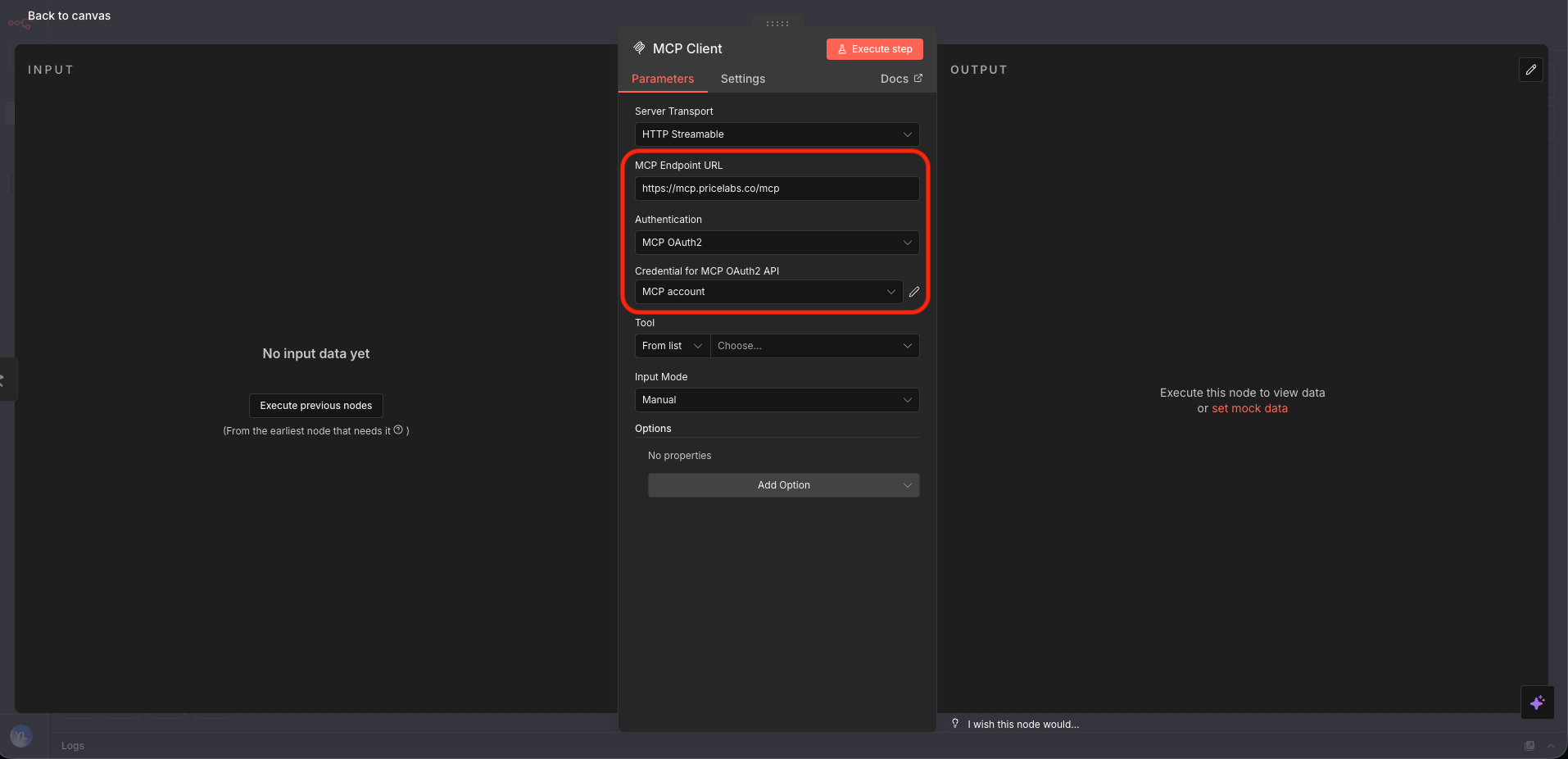n8n workflow step editor with arrows pointing to the MCP endpoint URL field and the MCP OAuth2 authentication selector