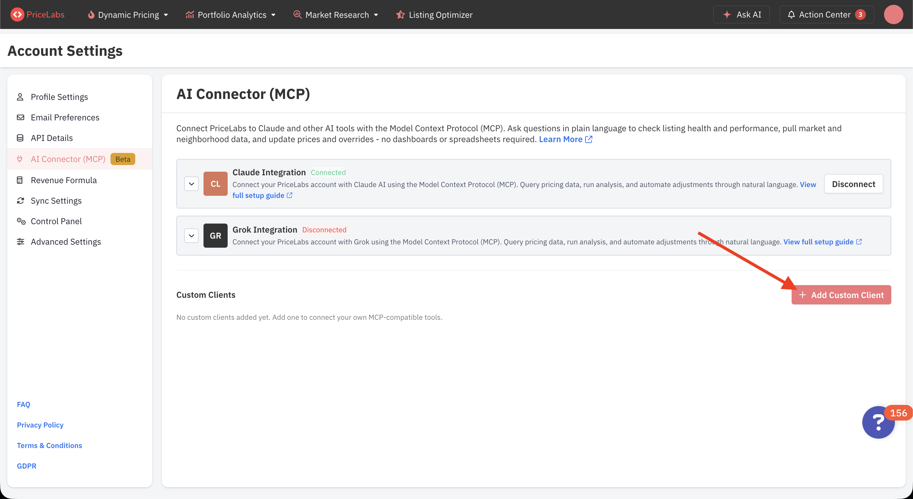 PriceLabs MCP settings page with an arrow pointing to the Add Custom Connector button