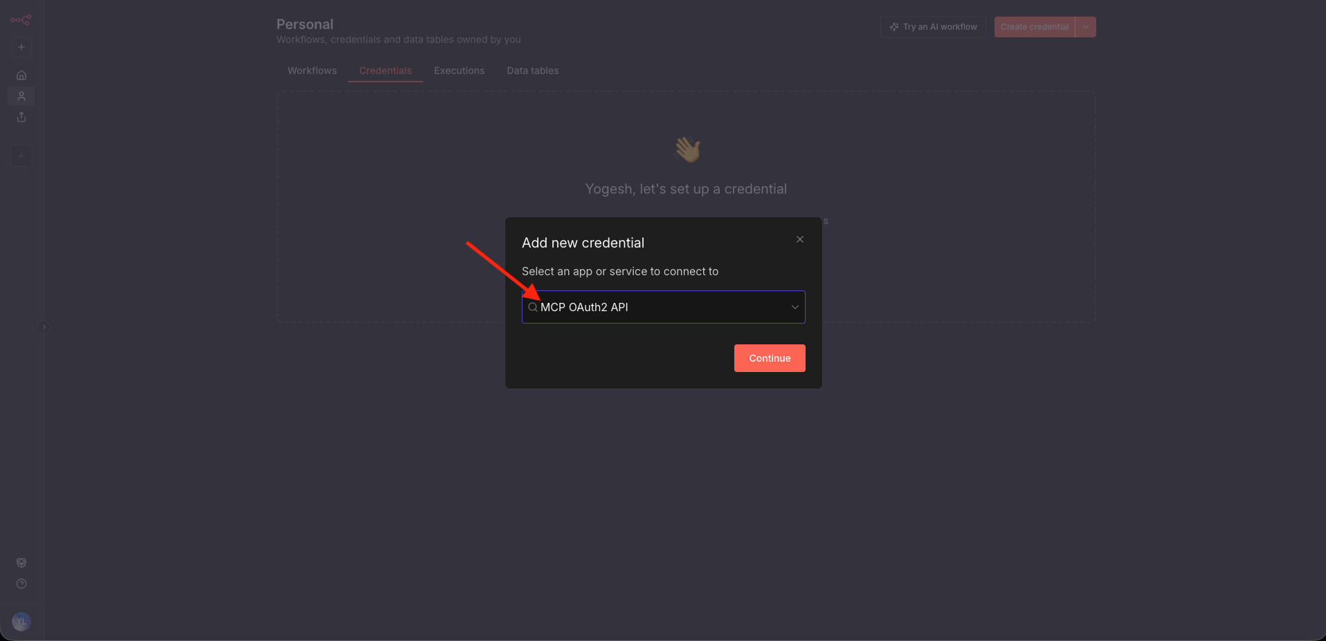 n8n credential type selector with MCP OAuth2 API selected from the dropdown
