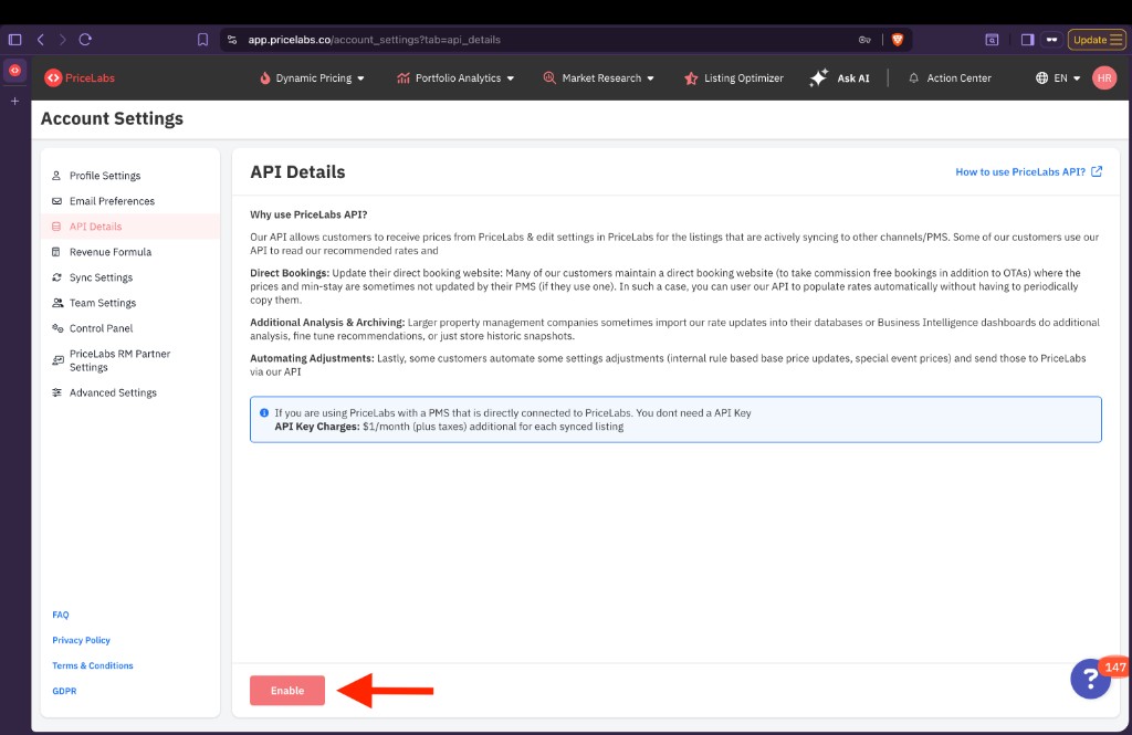 PriceLabs Account Settings API Details page with the Enable button highlighted