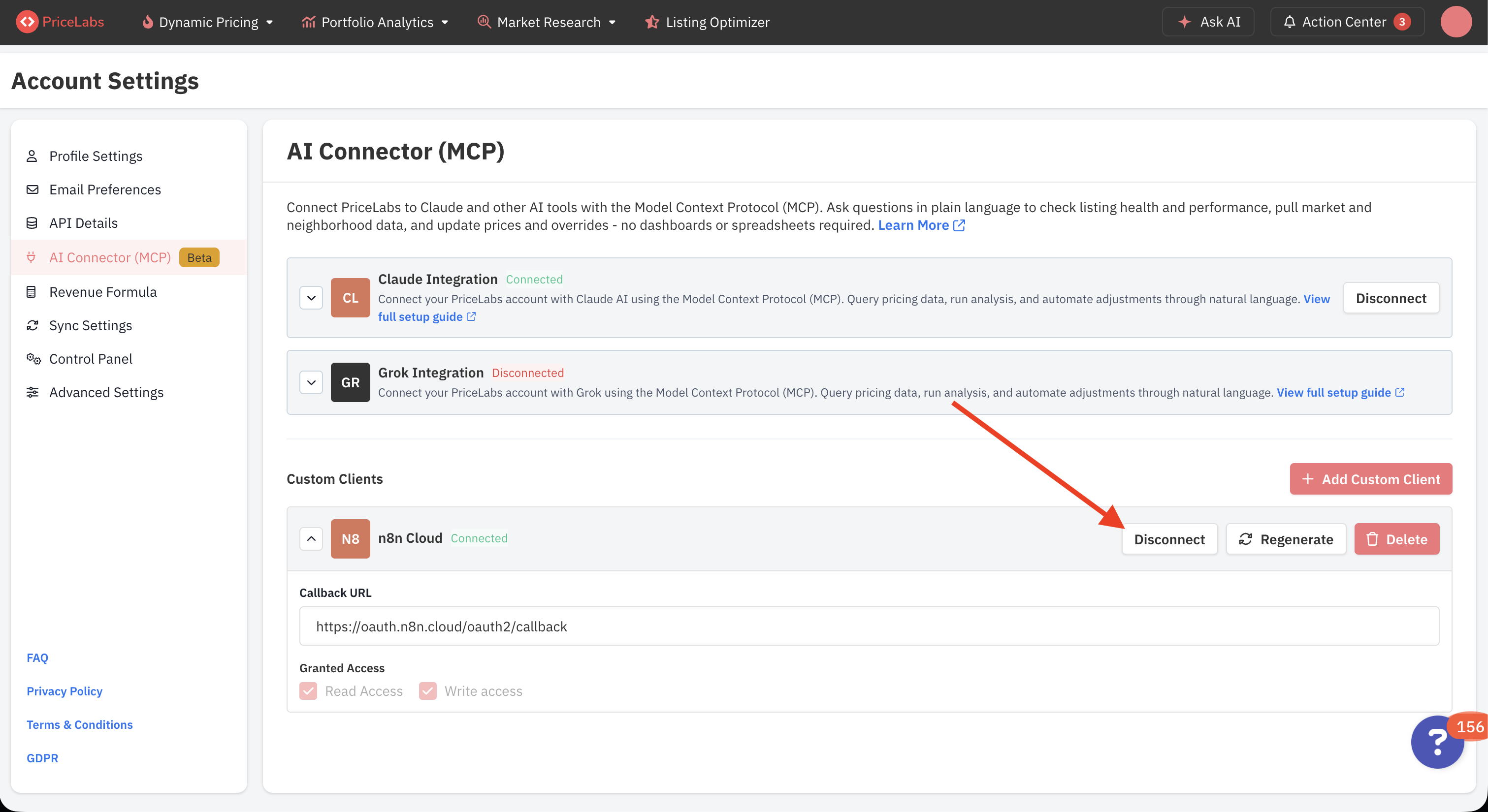 PriceLabs MCP settings showing a connected custom client with an arrow pointing to the Disconnect button
