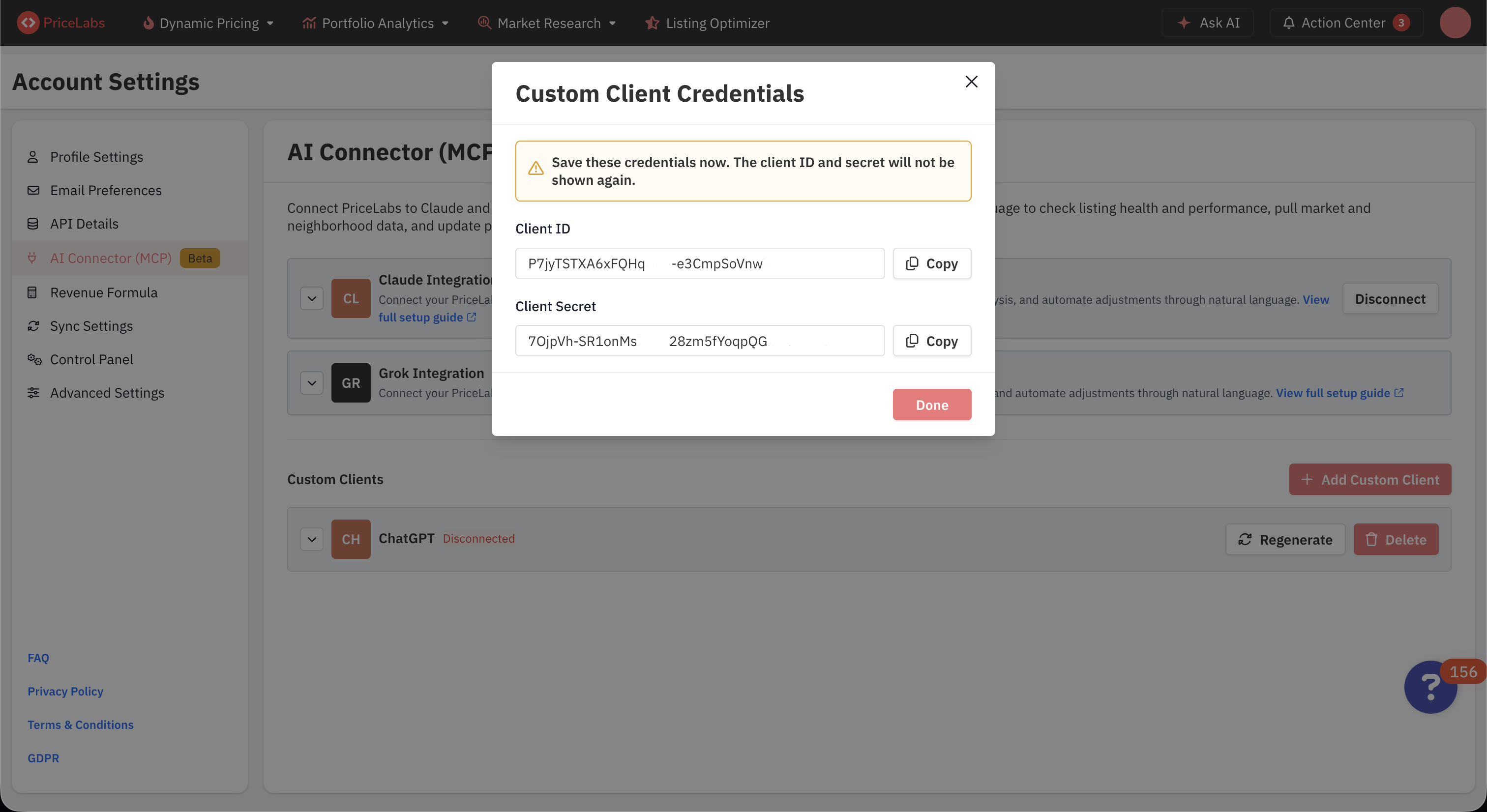PriceLabs credentials modal showing the one-time Client ID and Client Secret
