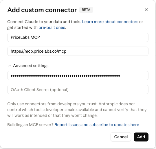 Claude Add custom connector form with Name, URL, and advanced credential fields