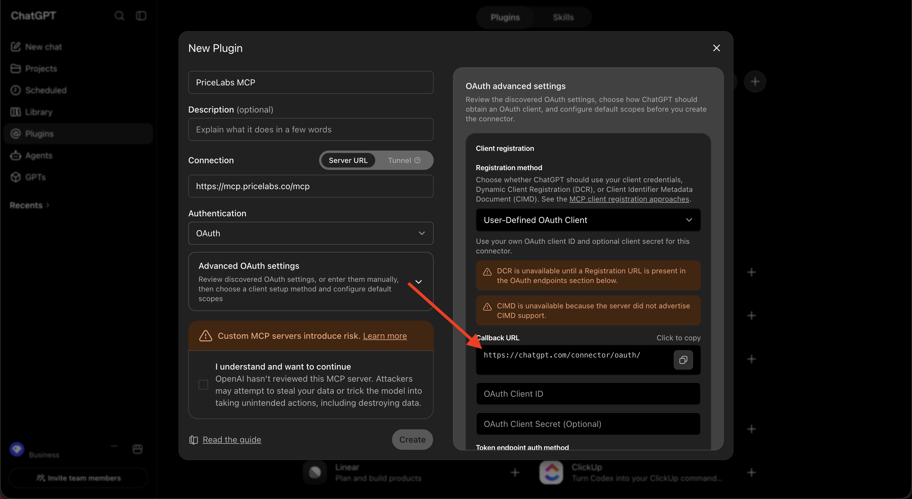 ChatGPT Advanced OAuth Settings with an arrow pointing to the copy button for the account-specific callback URL