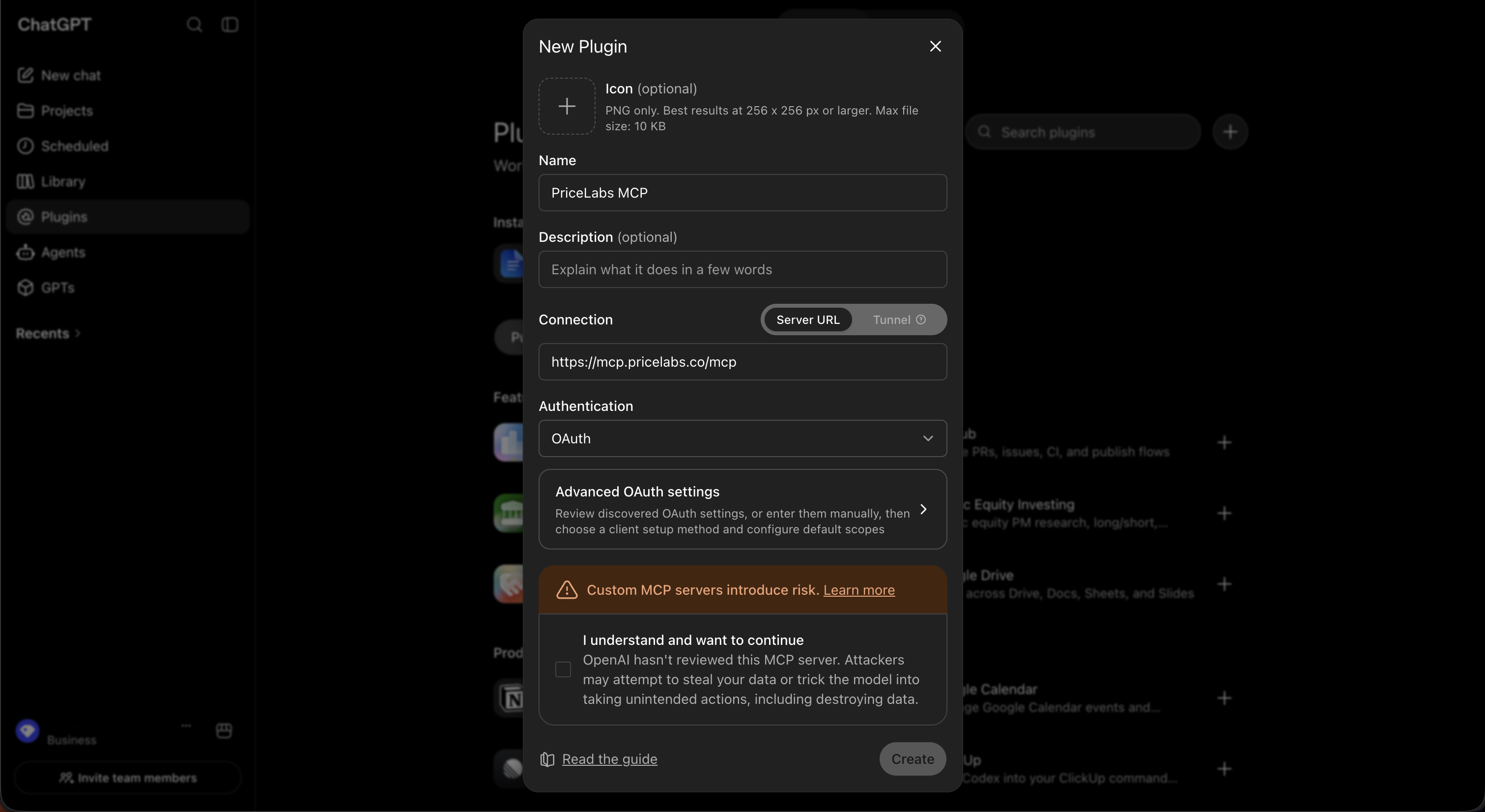 ChatGPT add plugin dialog with PriceLabs MCP name and server URL filled in