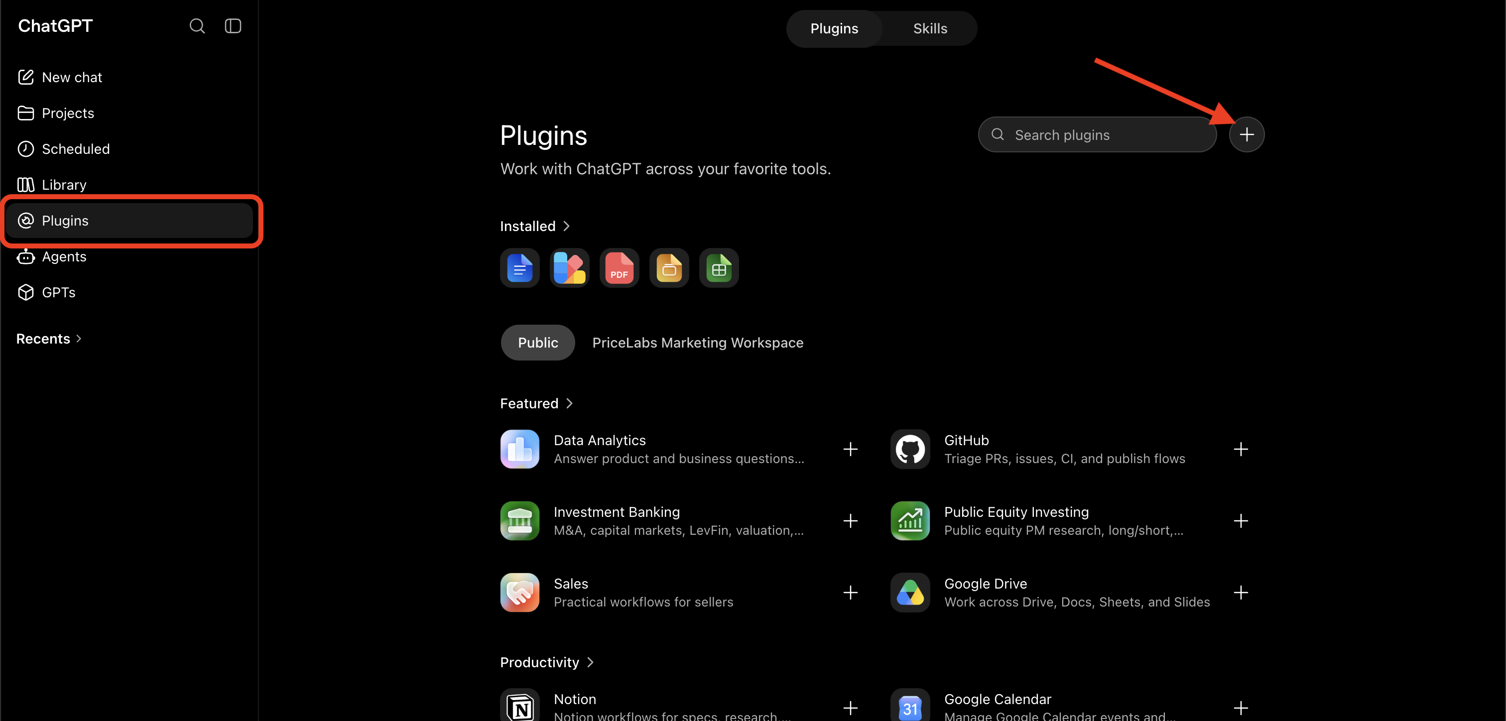 ChatGPT Plugins page with an arrow pointing to the + icon for adding a new plugin