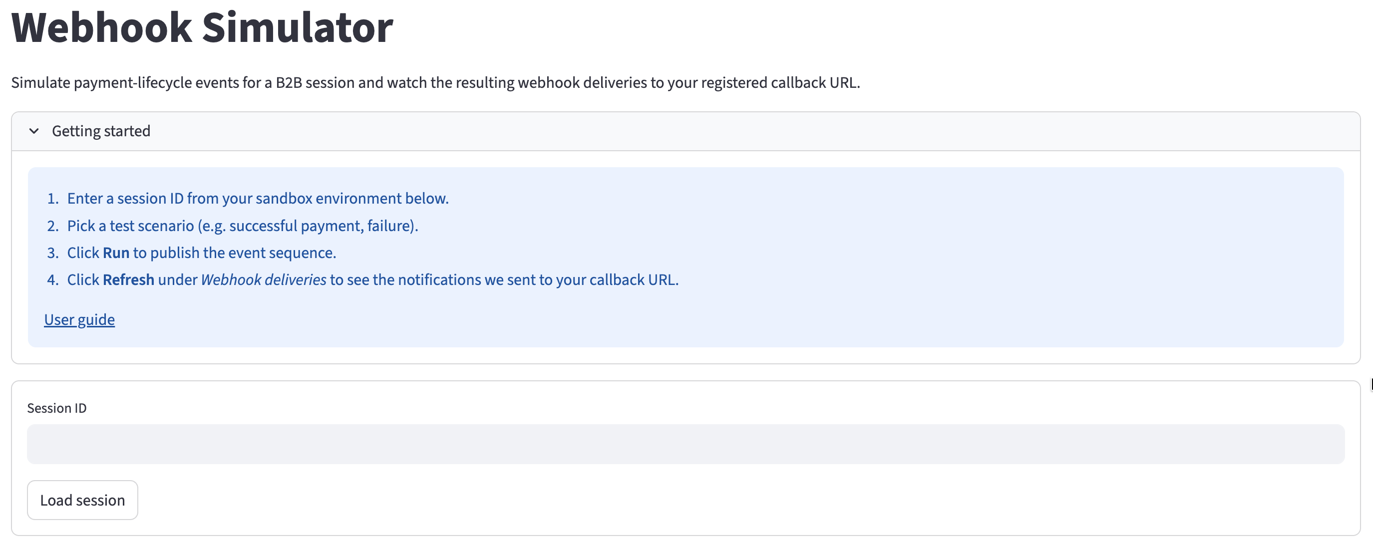 Webhook Simulator landing page with the Getting started panel expanded and an empty Session ID field