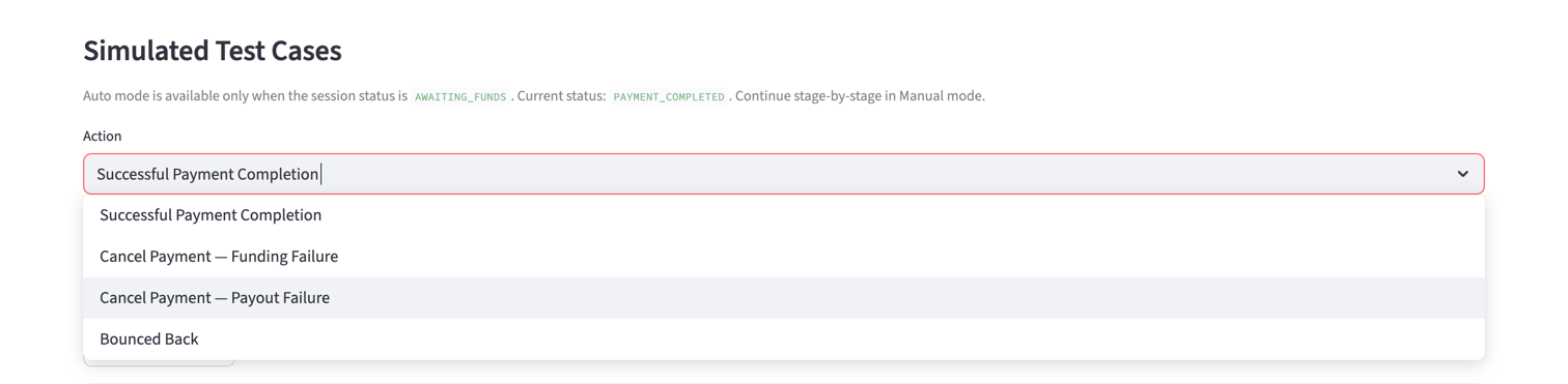 Simulated Test Cases panel with the Action dropdown open, showing Successful Payment Completion and Cancel Payment options