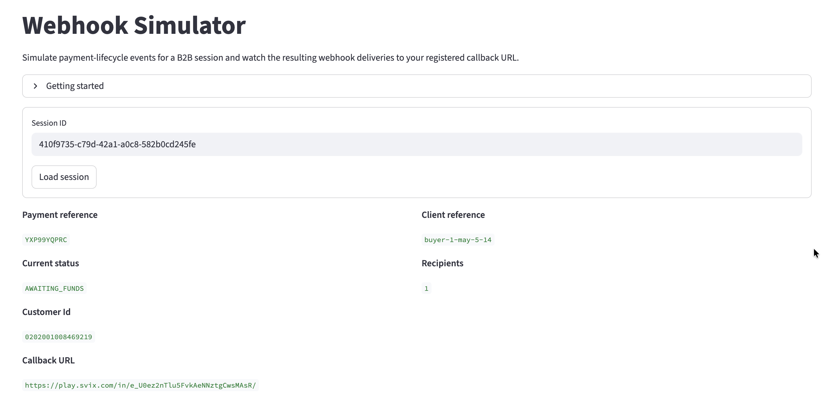 Webhook Simulator showing a loaded session with payment reference, client reference, current status, recipients, customer ID and callback URL