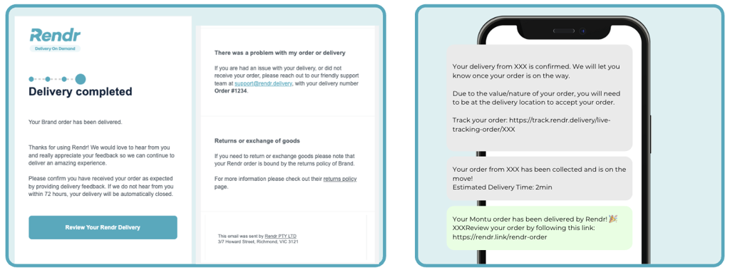 Example Delivered confirmation email and SMS thread