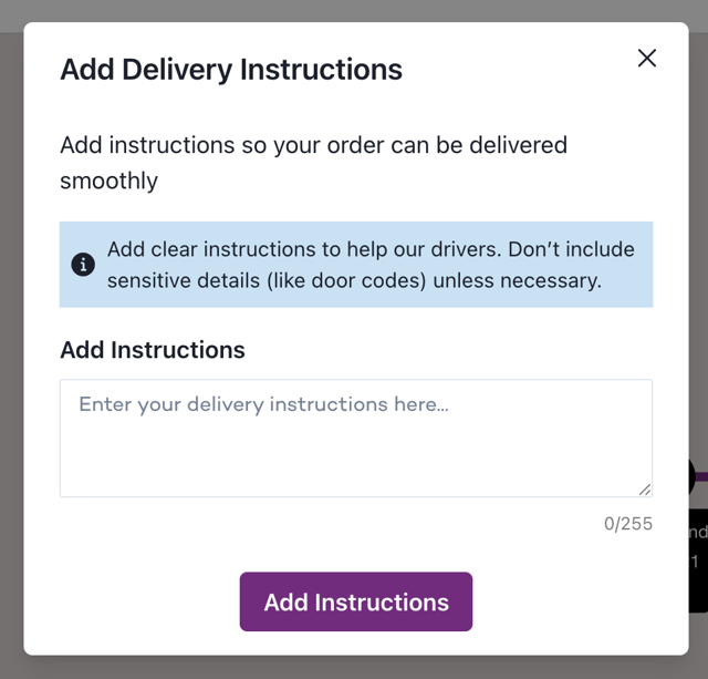 Add Delivery Instructions modal
