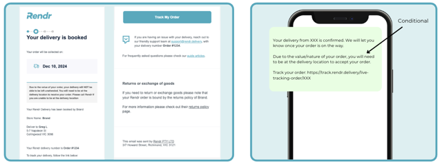 Example Booked confirmation email and SMS, including conditional messaging